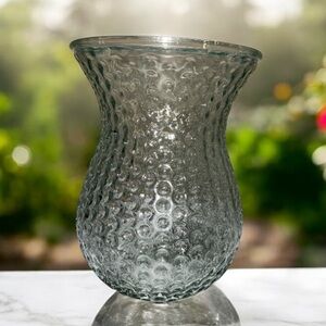 * clear glass hobnail vase 8” tall hurricane style 5” wide